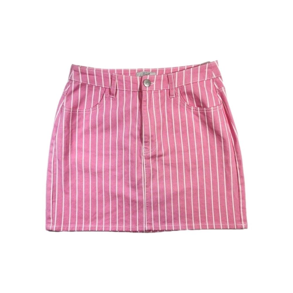 Victor Glemaud Womens Pinstriped Mini Jean Skirt 8 Pink/White Denim Stretch Cute